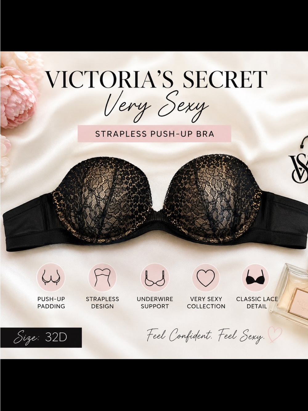 Victoria's Secret Very Sexy Strapless Lace Push-Up Bra - Black with Gold Accents